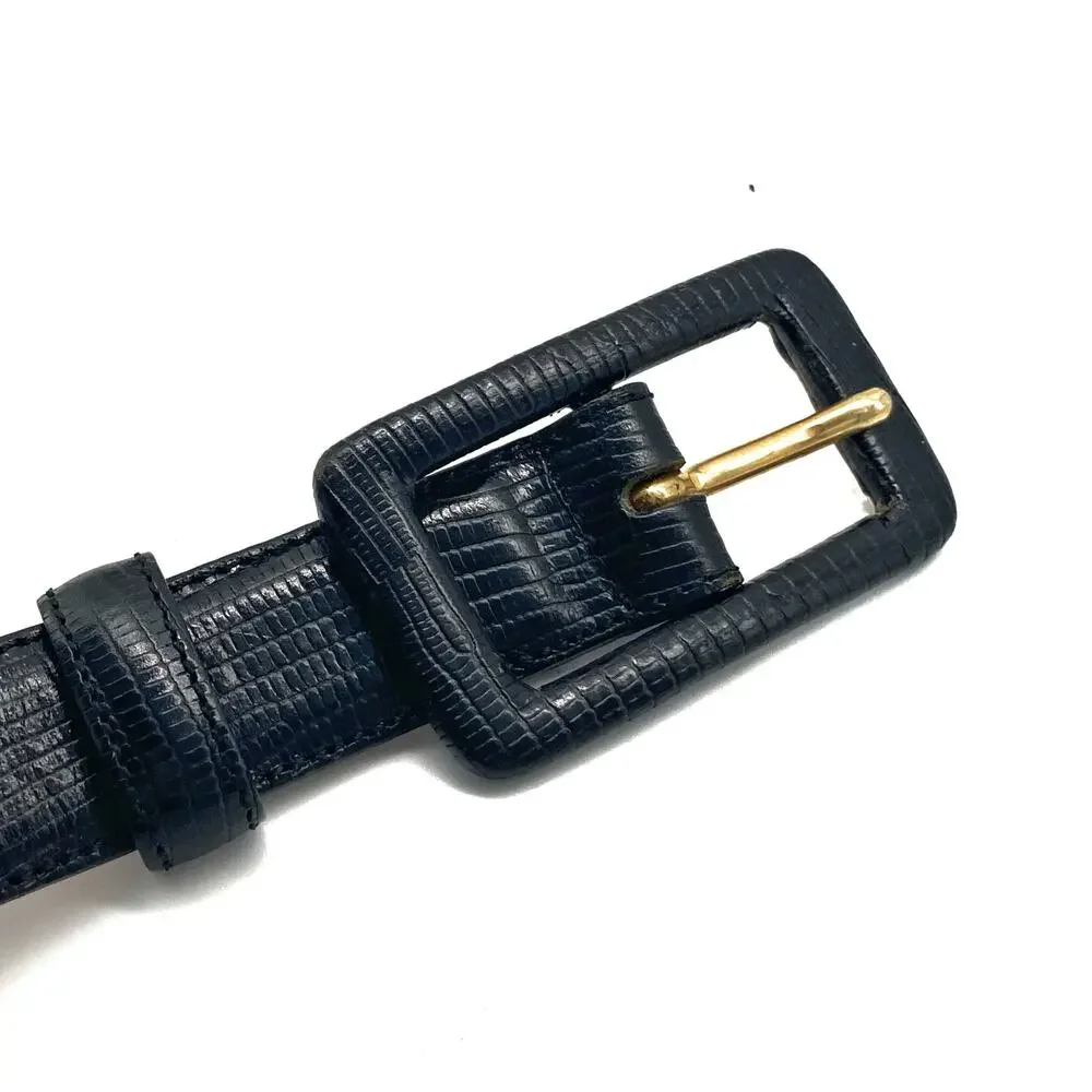 Vintage Italian Black Lizard Embossed Leather Belt Covered Buckle Ralph Lauren